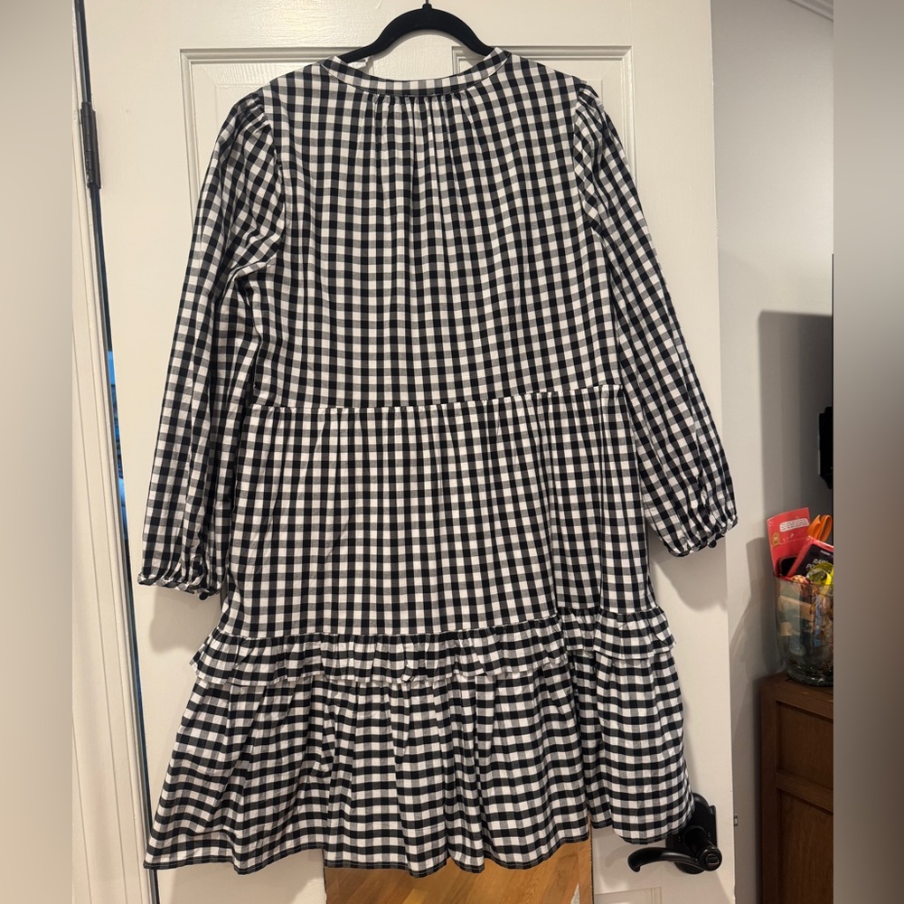 J.Crew Black & White Gingham Tiered Midi Dress | Size M | V-Neck Bishop Sleeves - Picture 2 of 4